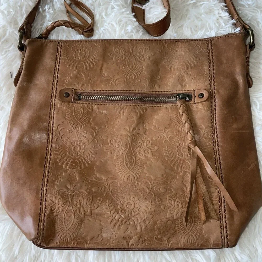 The Sak Ashland Women Brown Leather Crossbody Bag Shoulder Purse Floral Embossed